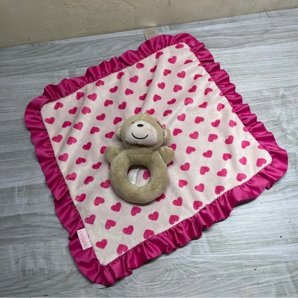 Carter’s Baby Monkey Plush Rattle White Pink Heart Satin Lovey Security Blanket